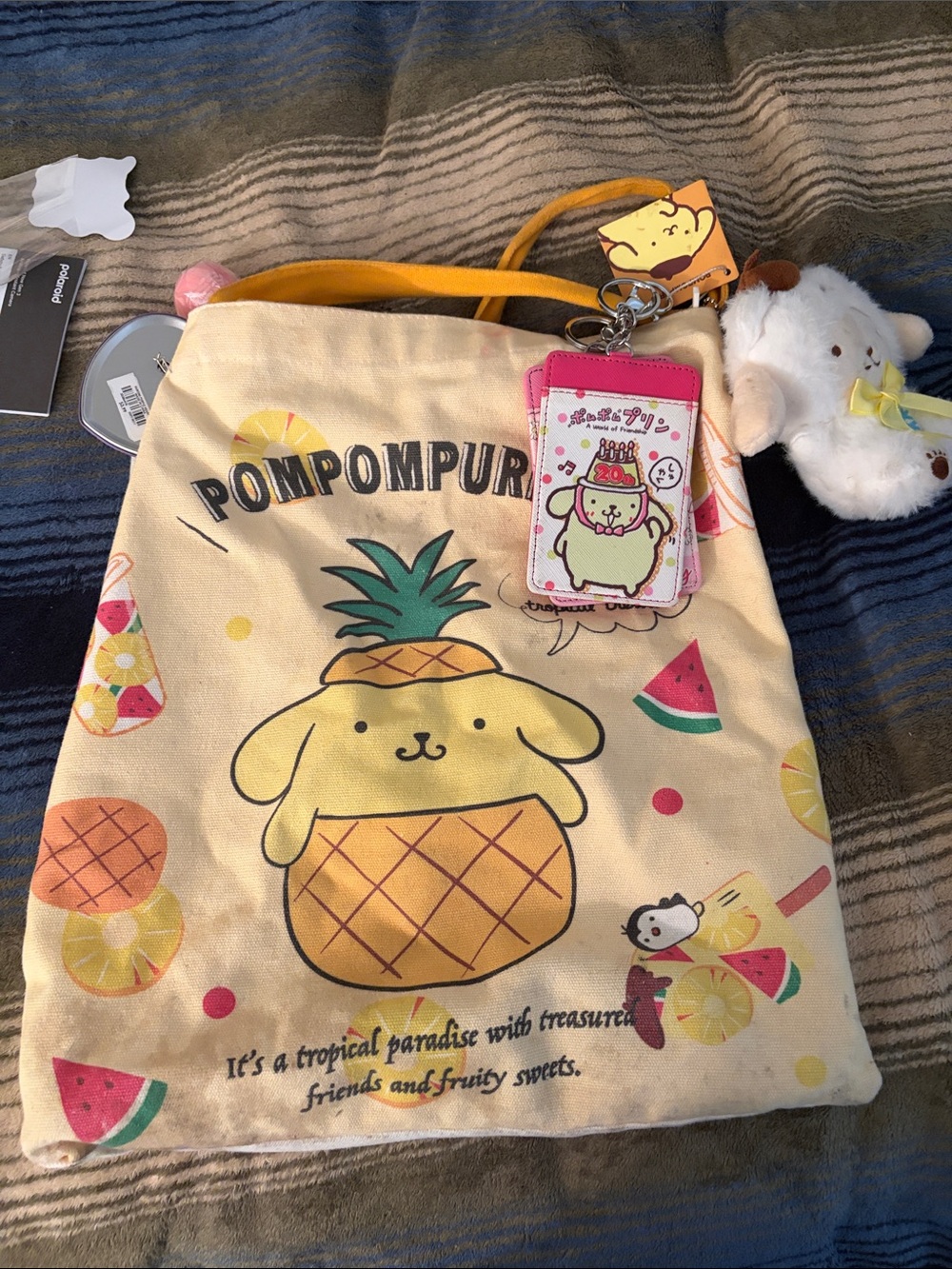 Sanrio Pompompurin Pineapple Canvas Tote in Yellow with Pink Accents